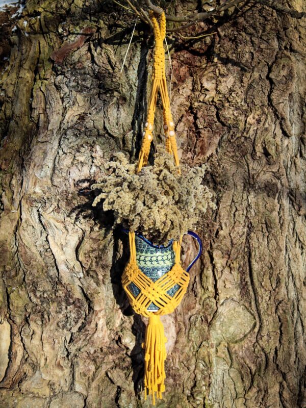 Żółty kwietnik makrama z prostymi ramionami wisi na drzewie z suszkami w wazonie